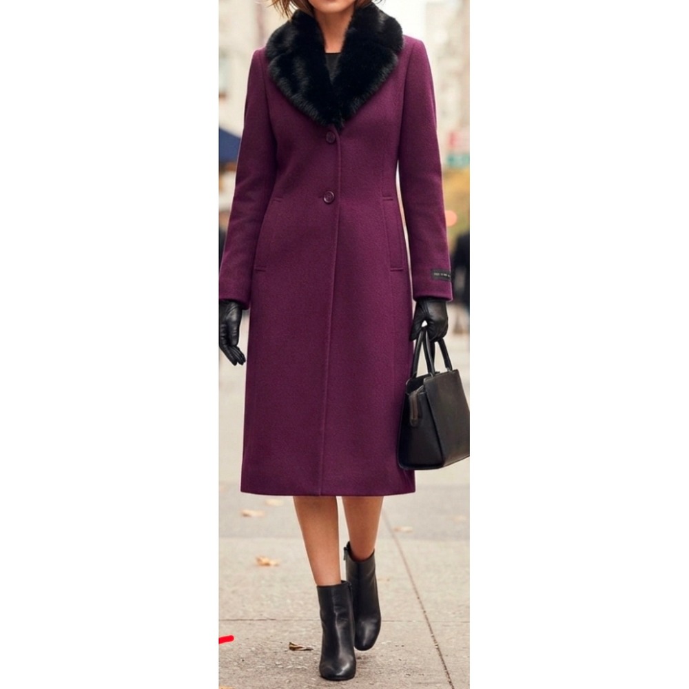 Vintage Wool Coat Purple Faux Fur Collar Long Jacket 90s Mobwife Quiet Luxury 6